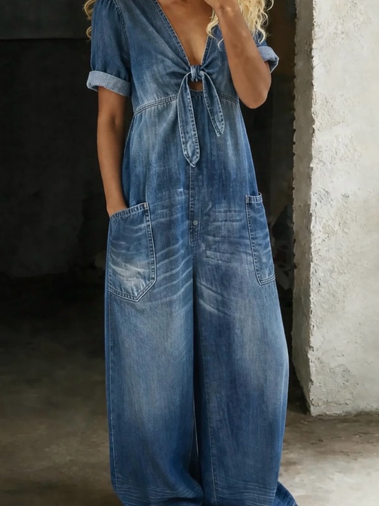 Pants - Mary’s Myrtle Beach Maya “Denim”Tie-Front Wide Leg Jumpsuit